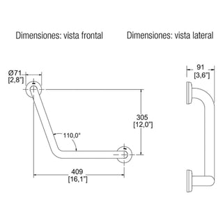 B-066-S BARRA DE SEGURIDAD ANGULAR BOOMERANG 305 MM X 305 MM IZQUIERDA O DERECHA. ACERO INOXIDABLE HELVEX
