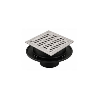 2584 COLADERA DE REJILLA CUADRADA CON CAMPANA. ACERO INOXIDABLE BRILLANTE, CONEXIÓN PARA TUBO DE 102 MM (4") PARA ROSCAR, PARA EXTERIORES Y/O INTERIORES CON SELLO HIDRÁULICO HELVEX