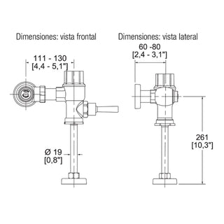 185-19-0.5 FLUXÓMETRO DE MANIJA PARA MINGITORIO SPUD DE 19 MM 0.5 LPD, CROMO HELVEX