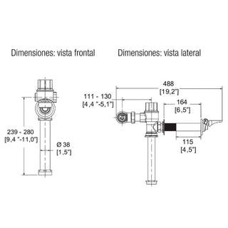 312-WC-4.8 FLUXÓMETRO OCULTO DE PEDAL PARA TAZA FLUX SPUD DE 38MM 4.8 LPD, CROMO HELVEX