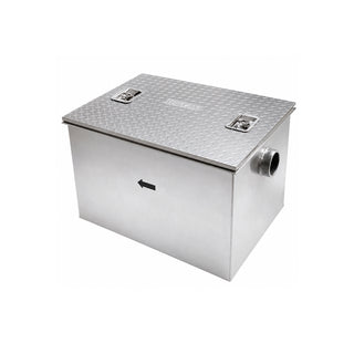 IG-40 INTERCEPTOR DE GRASA DE ACERO CON CANASTILLA PARA SEDIMENTOS SÓLIDOS. CAUDAL DE 90 L/MIN Y CAPACIDAD DE RETENCIÓN 36 KG. CONEXIÓN PARA TUBO DE 4" PARA ROSCAR HELVEX