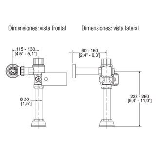FB-110-38-3.5 FLUXÓMETRO DE SENSOR ELECTRÓNICO DE BATERÍAS PARA TAZA FLUX SPUD DE 38 MM 3.5 LPD, CROMO HELVEX