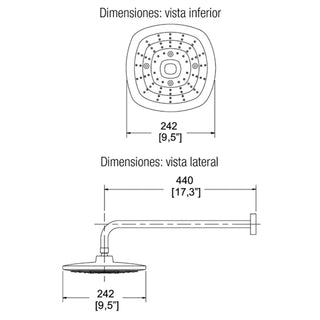 H-3303 REGADERA CUADRADA CON BRAZO Y CHAPETÓN MULTICHORRO CON BOTÓN DE CAMBIOS (3 TIPOS DE CHORRO) CON SISTEMA ANTICALCÁREO PLATO ANCHO 10", CROMO HELVEX